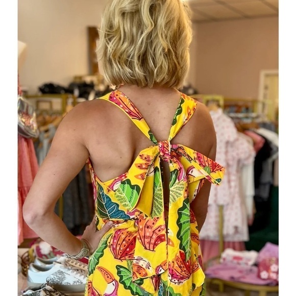 FARM RIO RUFFLE TIERED MAXI DRESS TIE BACK FUN PRINT BIRDS SIZE XS NWT - Picture 3 of 13